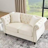 Canapé Chesterfield 58.8 beige en velours pour salon, canapé 2 places capitonné avec accoudoirs roulés et clous pour salon