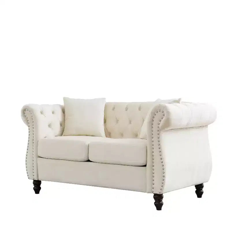 Canapé Chesterfield 58.8 beige en velours pour salon, canapé 2 places capitonné avec accoudoirs roulés et clous pour salon