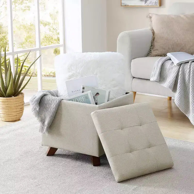 Ottoman de rangement carré capitonné en lin Ornavo Home - 15 po