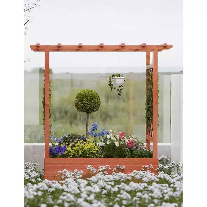 Carré potager surélevé avec treillis, jardinière en bois avec treillis latéral, toit suspendu et trous de drainage, pour plantes grimpantes, vignes, fleurs