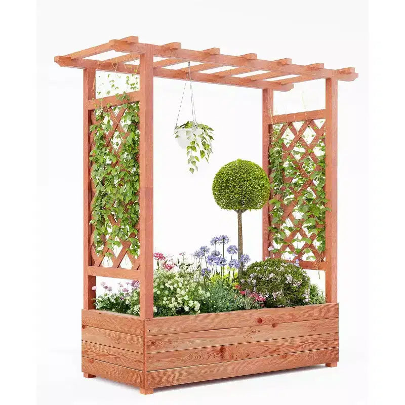 Carré potager surélevé avec treillis, jardinière en bois avec treillis latéral, toit suspendu et trous de drainage, pour plantes grimpantes, vignes, fleurs