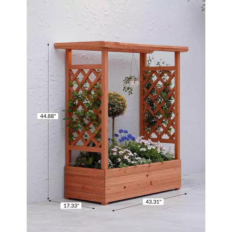 Carré potager surélevé avec treillis, jardinière en bois avec treillis latéral, toit suspendu et trous de drainage, pour plantes grimpantes, vignes, fleurs