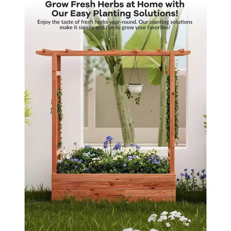 Carré potager surélevé avec treillis, jardinière en bois avec treillis latéral, toit suspendu et trous de drainage, pour plantes grimpantes, vignes, fleurs