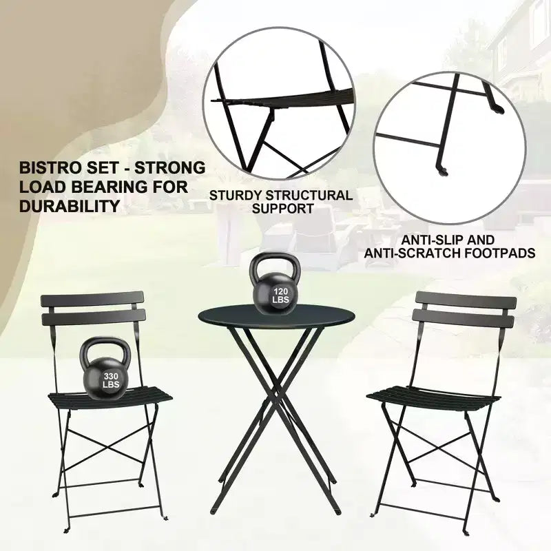 Ensemble bistro pliant 3 pièces, ensemble de mobilier de terrasse pliable avec cadre supérieur, table bistro d'extérieur et chaises lot de 2 pour terrasse, jardin et balcon