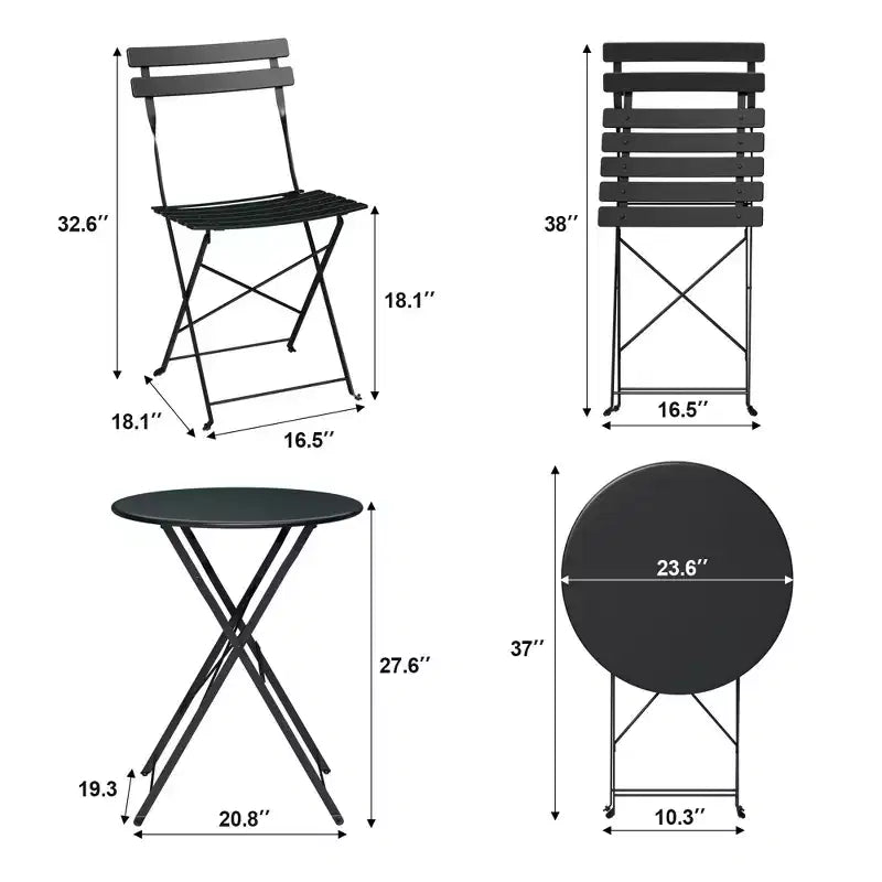 Ensemble bistro pliant 3 pièces, mobilier de terrasse pliable avec cadre de qualité supérieure, ensemble table et chaises bistro d'extérieur de 2 pour patio, jardin et balcon
