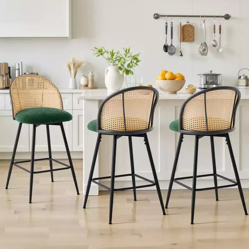 Bekrvio tabourets de bar pivotants mid-century modernes 26 lot de 2/3/4, chaises de bar rembourrées en bouclé avec dossier en rotin et pieds métalliques pour comptoir de cuisine