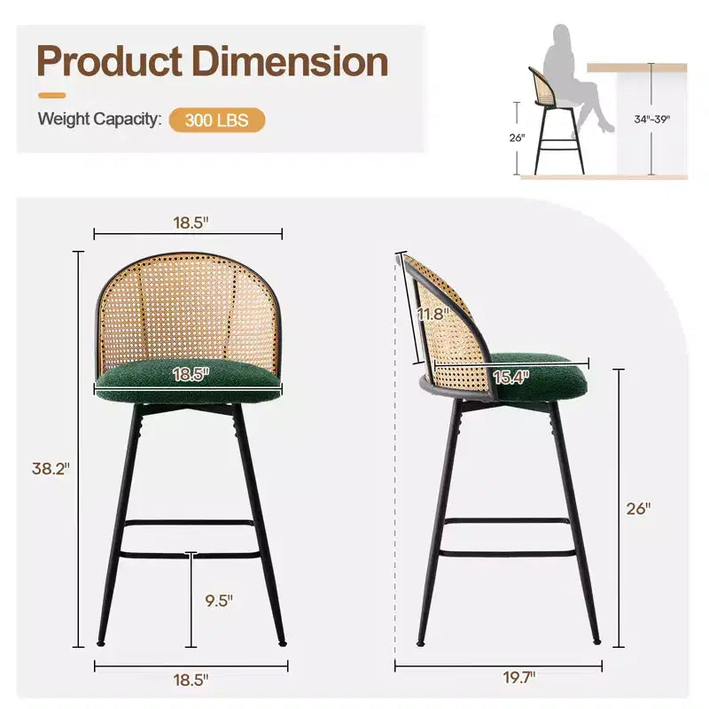 Bekrvio tabourets de bar pivotants mid-century modernes 26 lot de 2/3/4, chaises de bar rembourrées en bouclé avec dossier en rotin et pieds métalliques pour comptoir de cuisine