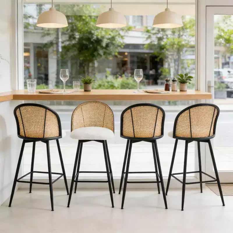 Bekrvio tabourets de bar pivotants mid-century modernes 26 lot de 2/3/4, chaises de bar rembourrées en bouclé avec dossier en rotin et pieds métalliques pour comptoir de cuisine