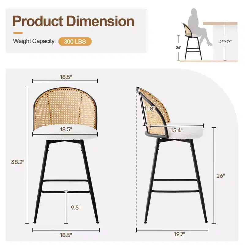 Bekrvio tabourets de bar pivotants mid-century modernes 26 lot de 2/3/4, chaises de bar rembourrées en bouclé avec dossier en rotin et pieds métalliques pour comptoir de cuisine