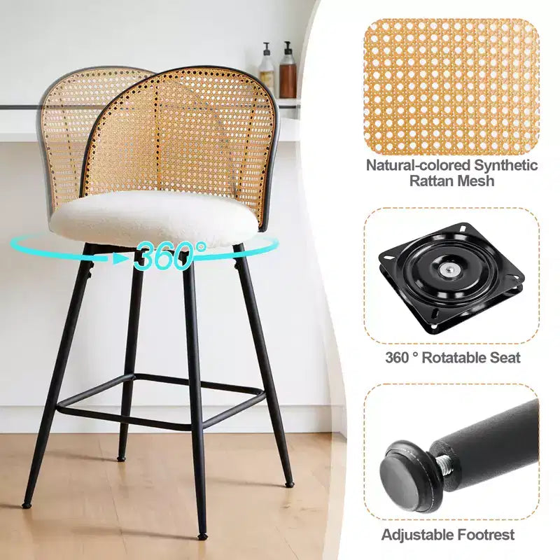 Bekrvio tabourets de bar pivotants mid-century modernes 26 lot de 2/3/4, chaises de bar rembourrées en bouclé avec dossier en rotin et pieds métalliques pour comptoir de cuisine