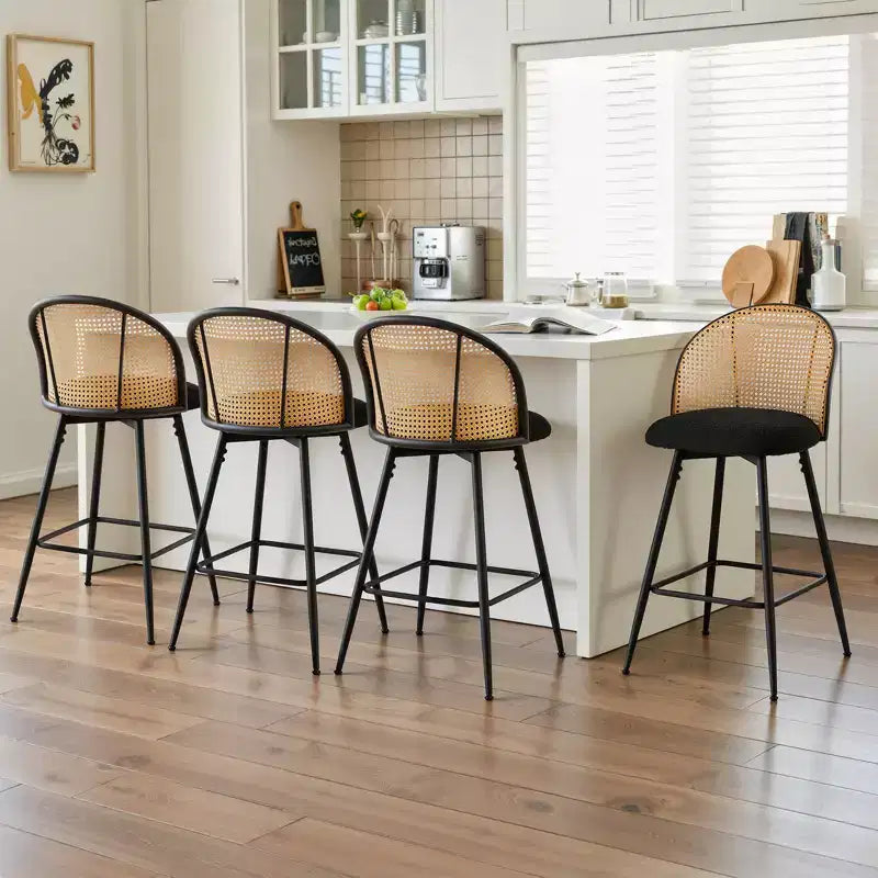 Bekrvio tabourets de bar pivotants mid-century modernes 26 lot de 2/3/4, chaises de bar rembourrées en bouclé avec dossier en rotin et pieds métalliques pour comptoir de cuisine