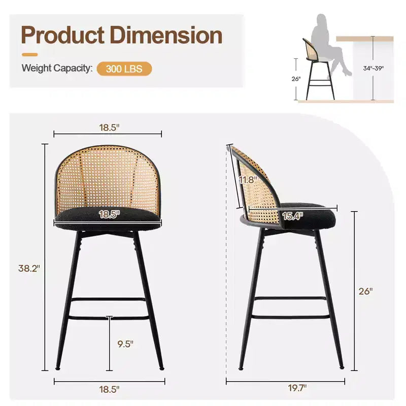 Bekrvio tabourets de bar pivotants mid-century modernes 26 lot de 2/3/4, chaises de bar rembourrées en bouclé avec dossier en rotin et pieds métalliques pour comptoir de cuisine