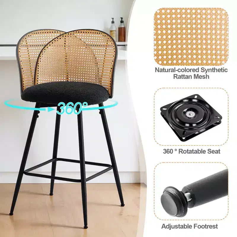 Bekrvio tabourets de bar pivotants mid-century modernes 26 lot de 2/3/4, chaises de bar rembourrées en bouclé avec dossier en rotin et pieds métalliques pour comptoir de cuisine