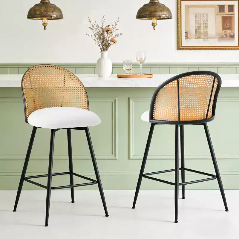 Bekrvio tabourets de bar pivotants mid-century modernes 26 lot de 2/3/4, chaises de bar rembourrées en bouclé avec dossier en rotin et pieds métalliques pour comptoir de cuisine