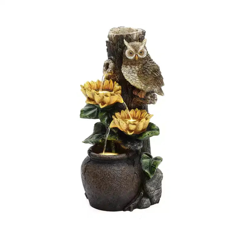 LuxenHome Fontaine d'eau extérieure 28 pouces, fontaine cascade chouette et tournesol pour l'extérieur et l'intérieur avec lumières LED marron