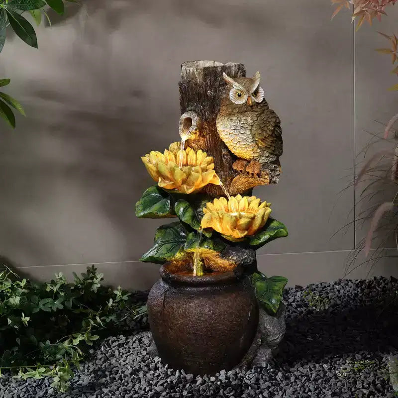 LuxenHome Fontaine d'eau extérieure 28 pouces, fontaine cascade chouette et tournesol pour l'extérieur et l'intérieur avec lumières LED marron