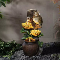LuxenHome Fontaine d'eau extérieure 28 pouces, fontaine cascade chouette et tournesol pour l'extérieur et l'intérieur avec lumières LED marron