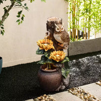 LuxenHome Fontaine d'eau extérieure 28 pouces, fontaine cascade chouette et tournesol pour l'extérieur et l'intérieur avec lumières LED marron