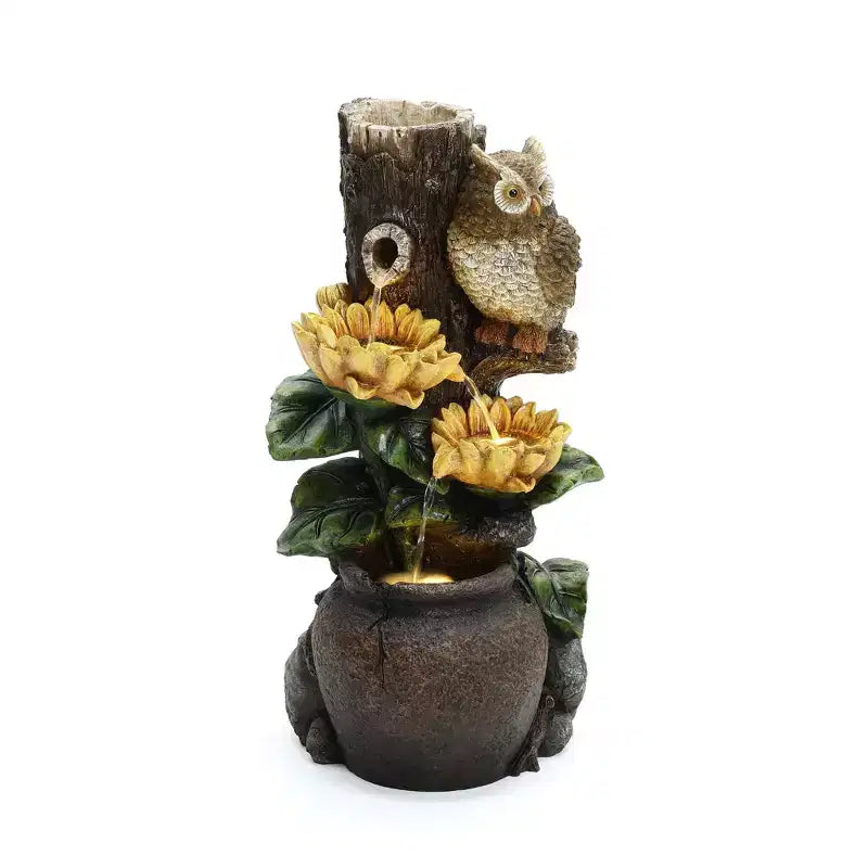 LuxenHome Fontaine d'eau extérieure 28 pouces, fontaine cascade chouette et tournesol pour l'extérieur et l'intérieur avec lumières LED marron