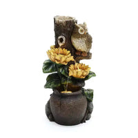 LuxenHome Fontaine d'eau extérieure 28 pouces, fontaine cascade chouette et tournesol pour l'extérieur et l'intérieur avec lumières LED marron