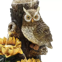 LuxenHome Fontaine d'eau extérieure 28 pouces, fontaine cascade chouette et tournesol pour l'extérieur et l'intérieur avec lumières LED marron