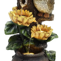 LuxenHome Fontaine d'eau extérieure 28 pouces, fontaine cascade chouette et tournesol pour l'extérieur et l'intérieur avec lumières LED marron