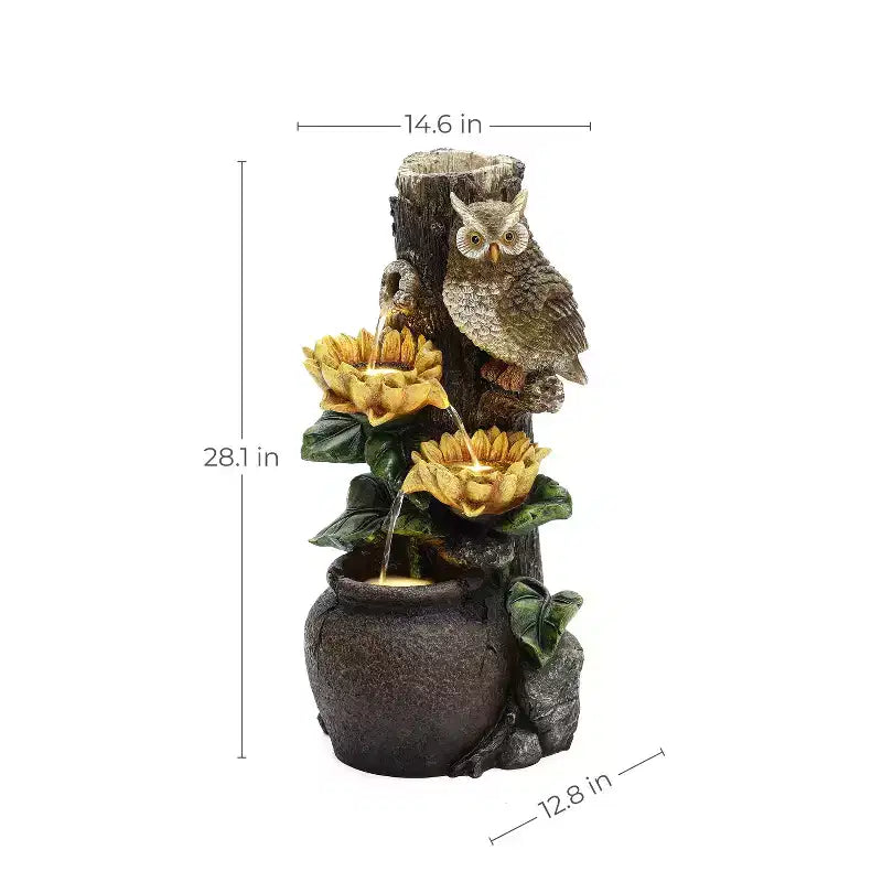 LuxenHome Fontaine d'eau extérieure 28 pouces, fontaine cascade chouette et tournesol pour l'extérieur et l'intérieur avec lumières LED marron