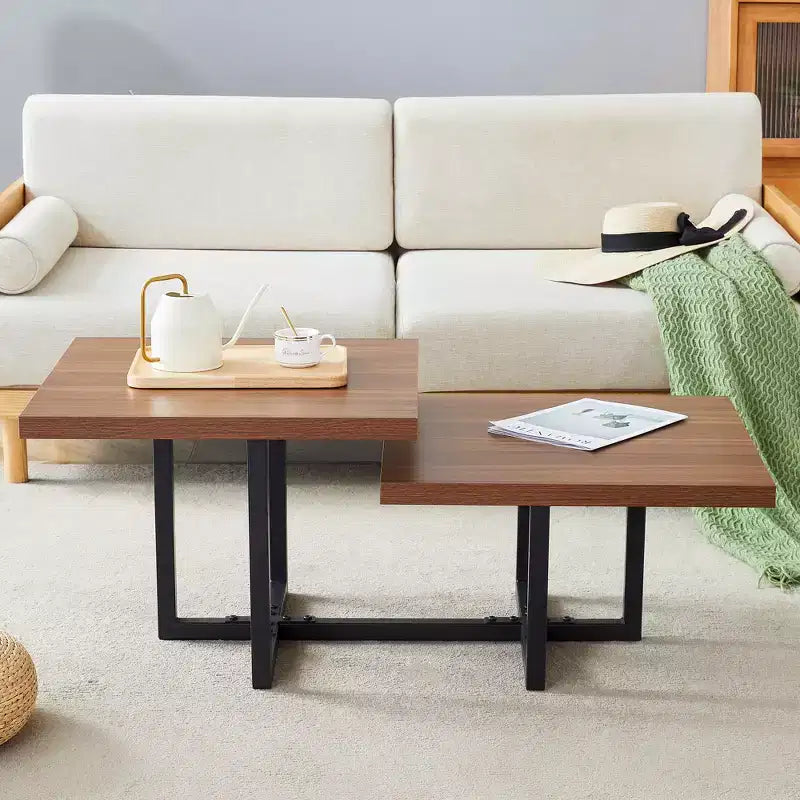 GDFStudio Aaron table basse en bois foncé double plateau 47W avec base métallique entrecroisée
