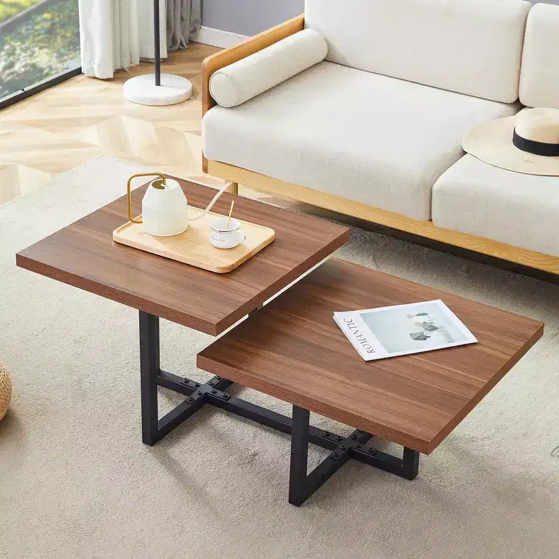 GDFStudio Aaron table basse en bois foncé double plateau 47W avec base métallique entrecroisée