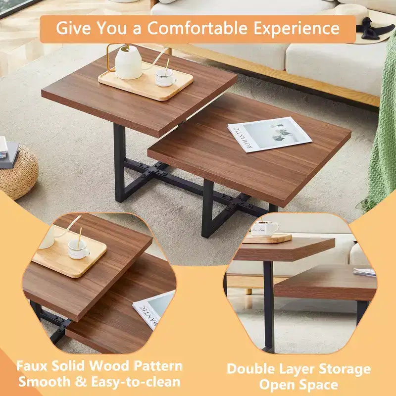 GDFStudio Aaron table basse en bois foncé double plateau 47W avec base métallique entrecroisée