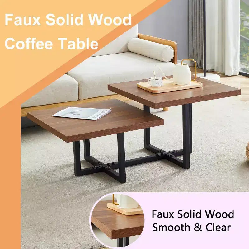GDFStudio Aaron table basse en bois foncé double plateau 47W avec base métallique entrecroisée