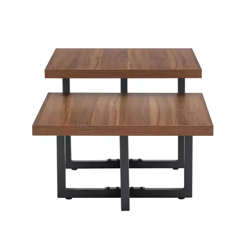 GDFStudio Aaron table basse en bois foncé double plateau 47W avec base métallique entrecroisée