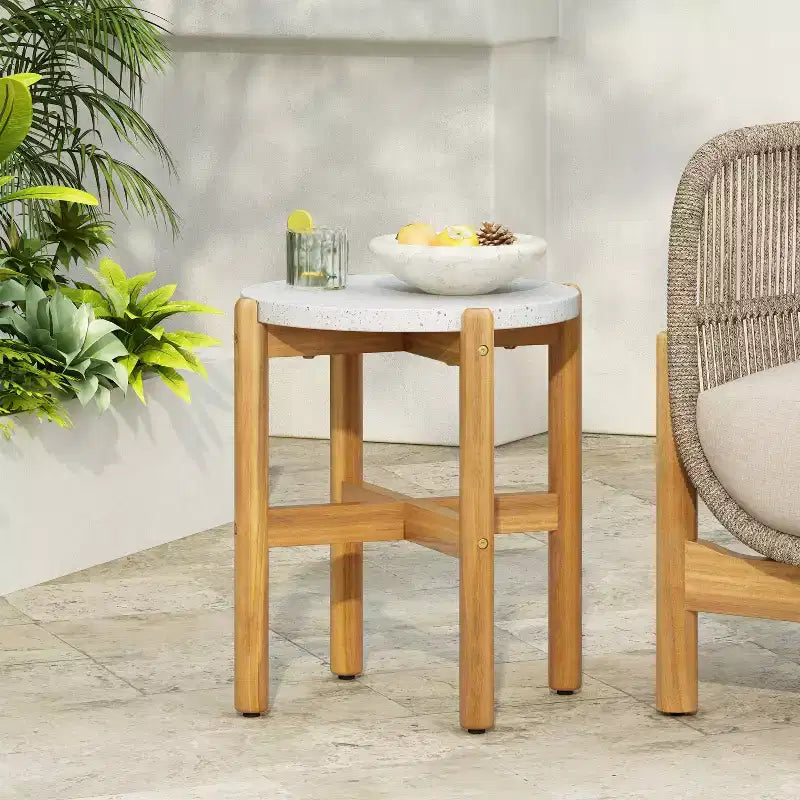 Christopher Knight Home Tobias Table d'appoint ronde rustique d'extérieur en beton leger et bois d'acacia