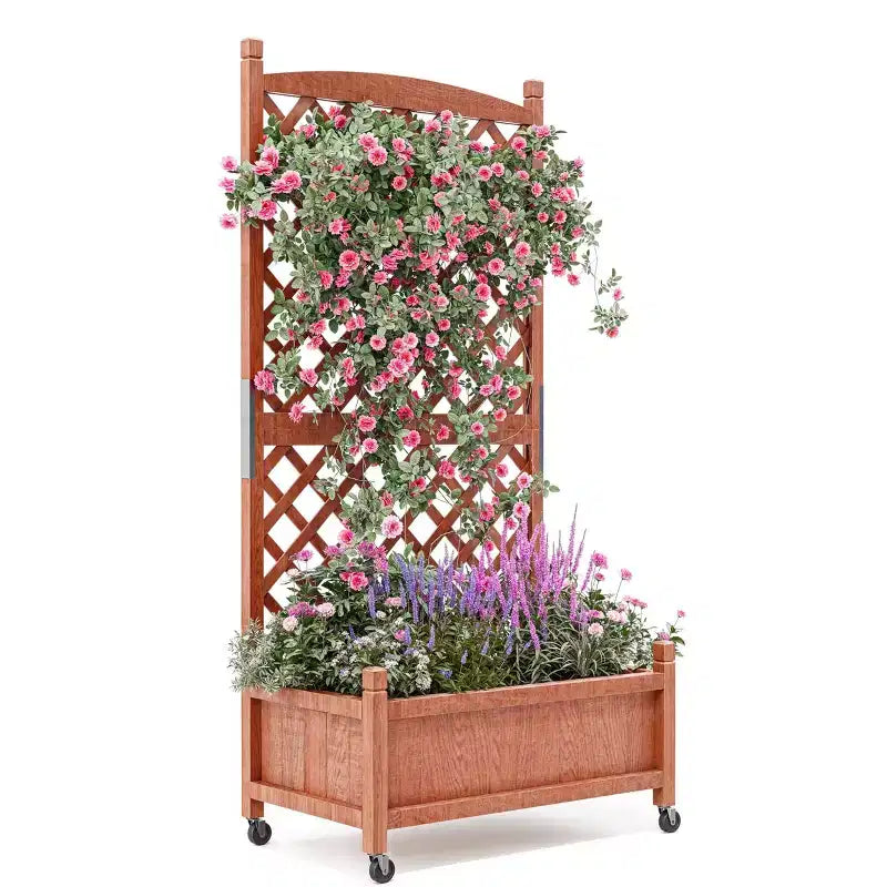 Wooden Garden bed with Trellis and Wheels, Drainage Holes Garden bed, Raised bed for climbing plants,Flowers and Vegetables.