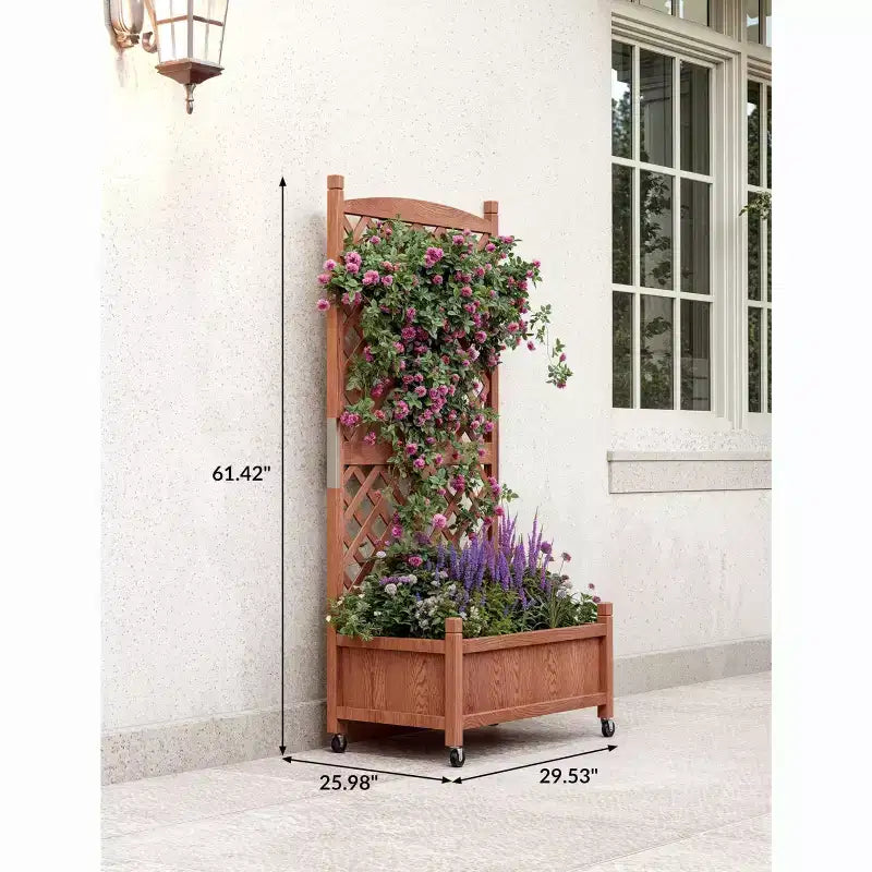 Jardinière en bois avec treillis et roulettes, jardinière avec trous de drainage, lit surélevé pour plantes grimpantes, fleurs et légumes.