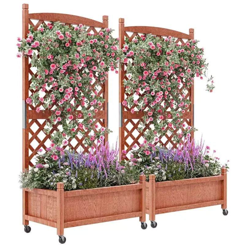 Jardinière en bois avec treillis et roulettes, jardinière avec trous de drainage, lit surélevé pour plantes grimpantes, fleurs et légumes.