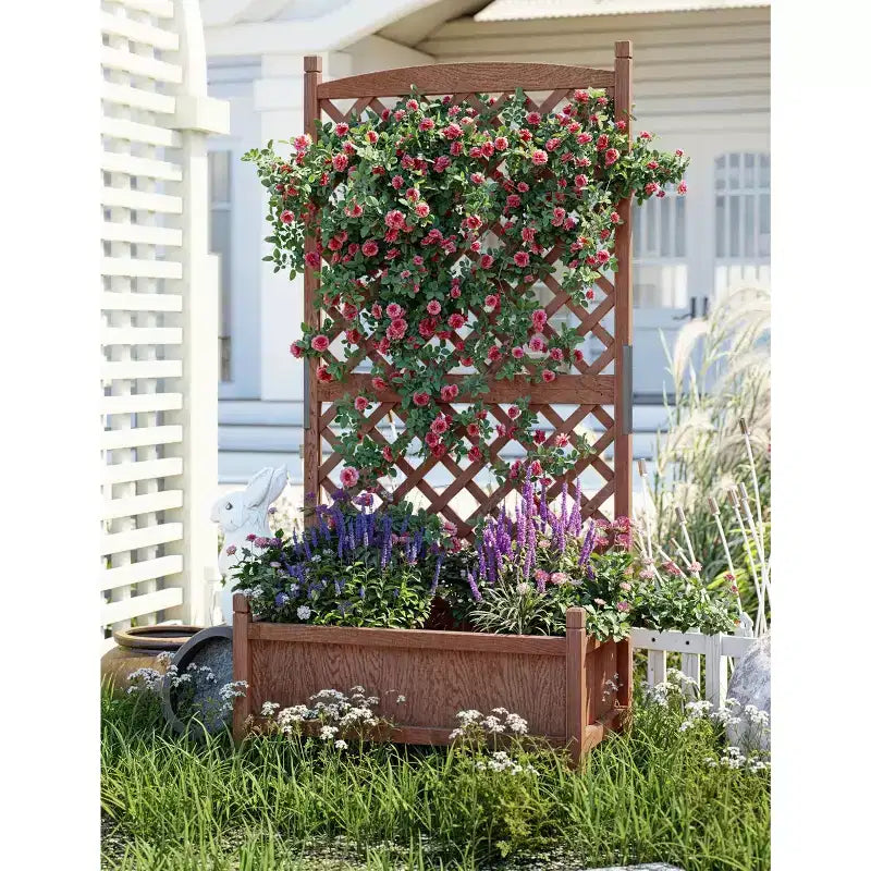 Jardinière en bois avec treillis et roulettes, jardinière avec trous de drainage, lit surélevé pour plantes grimpantes, fleurs et légumes.