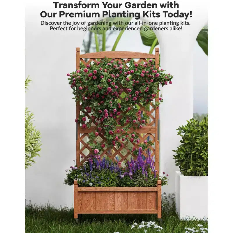 Jardinière en bois avec treillis et roulettes, jardinière avec trous de drainage, lit surélevé pour plantes grimpantes, fleurs et légumes.