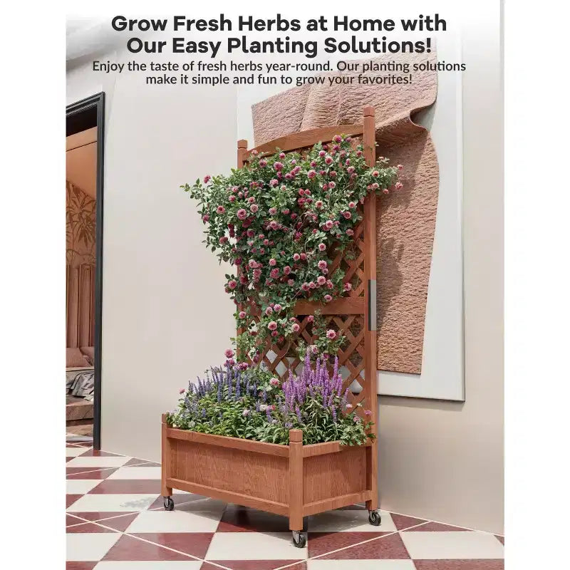 Jardinière en bois avec treillis et roulettes, jardinière avec trous de drainage, lit surélevé pour plantes grimpantes, fleurs et légumes.