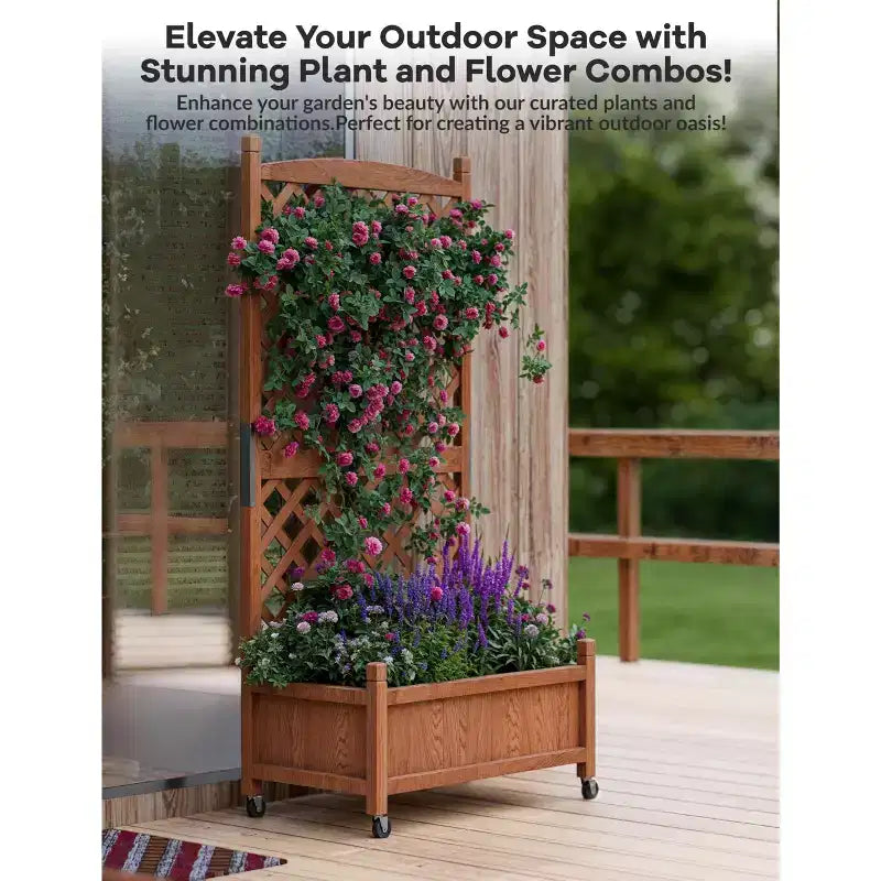 Jardinière en bois avec treillis et roulettes, jardinière avec trous de drainage, lit surélevé pour plantes grimpantes, fleurs et légumes.