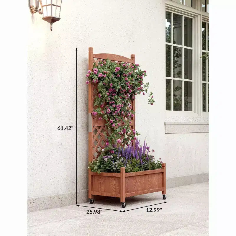 Jardinière en bois avec treillis et roulettes, jardinière avec trous de drainage, lit surélevé pour plantes grimpantes, fleurs et légumes.