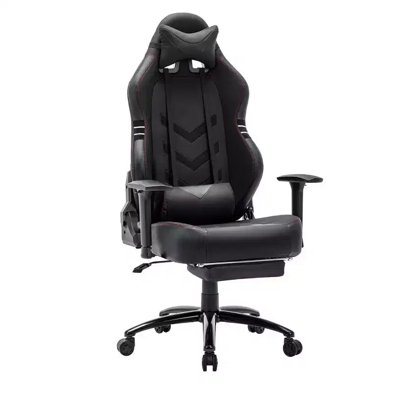 Chaise de jeu en cuir PU anti-transpiration avec accoudoirs fixes, support lombaire ergonomique et double accoudoir et repose-pieds