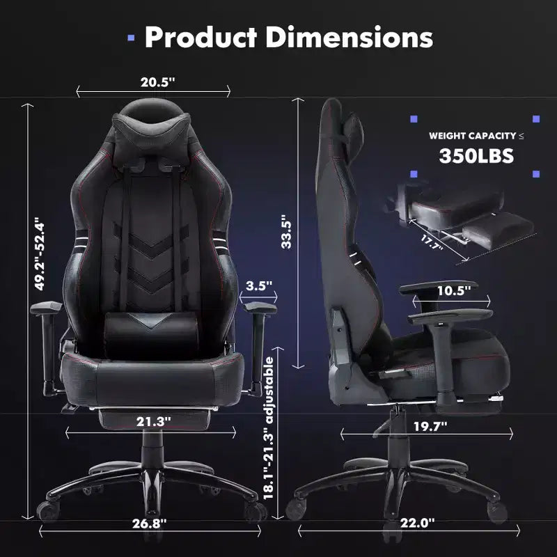 Chaise de jeu en cuir PU anti-transpiration avec accoudoirs fixes, support lombaire ergonomique et double accoudoir et repose-pieds