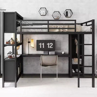 Lit mezzanine en métal double/grand format avec armoire et bureau en L, lit mezzanine robuste avec casiers de rangement et étagères, blanc/noir - ModernLuxe