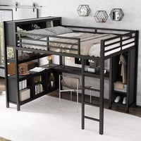 Lit mezzanine en métal double/grand format avec armoire et bureau en L, lit mezzanine robuste avec casiers de rangement et étagères, blanc/noir - ModernLuxe