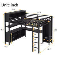 Lit mezzanine en métal double/grand format avec armoire et bureau en L, lit mezzanine robuste avec casiers de rangement et étagères, blanc/noir - ModernLuxe