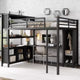 Full/Queen Size Metal Loft Bed with Wardrobe and L-Shaped Desk, Heavy-Duty Loft Bed with Storage Cubes and Shelves, White/Black - ModernLuxe