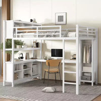 Lit mezzanine en métal double/grand format avec armoire et bureau en L, lit mezzanine robuste avec casiers de rangement et étagères, blanc/noir - ModernLuxe