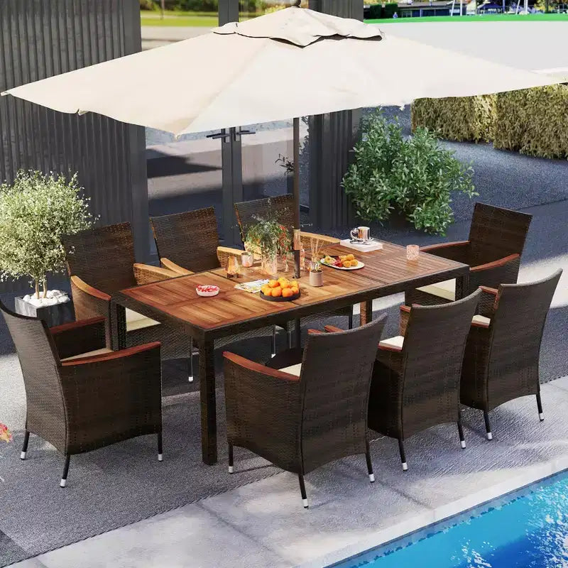 Ensemble de salle à manger Costway 9 pièces en rotin pour patio, chaises rembourrées avec accoudoirs et table en bois d'acacia, trou pour parasol de 1,96"
