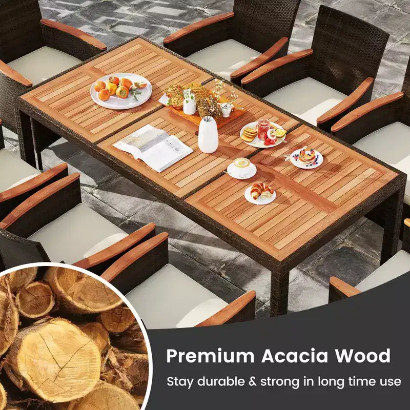 Ensemble de salle à manger Costway 9 pièces en rotin pour patio, chaises rembourrées avec accoudoirs et table en bois d'acacia, trou pour parasol de 1,96"